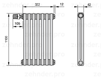Схема (чертеж) Радиатор Zehnder Charleston 2110/7 №V011 Белый глянцевый RAL 9016